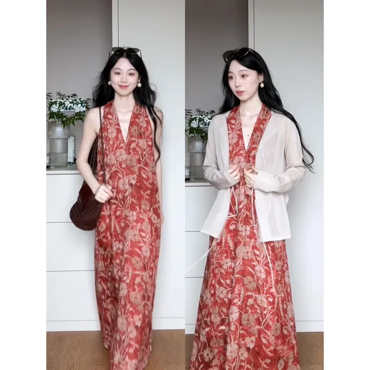 parkyeon夏季新款薄款防晒开衫上衣高级感v领无袖连衣裙套装女