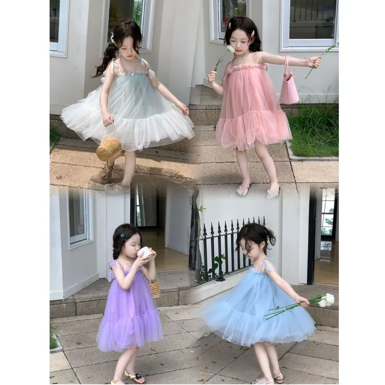 女童2025夏季新款韩版休闲洋气多色公主风蓬蓬网纱吊带系带连衣裙