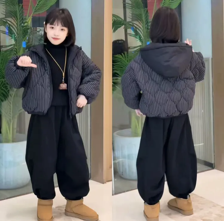 韩系男女童条纹花式航线连帽棉衣冬季面包服夹棉加绒灯笼裤保暖潮