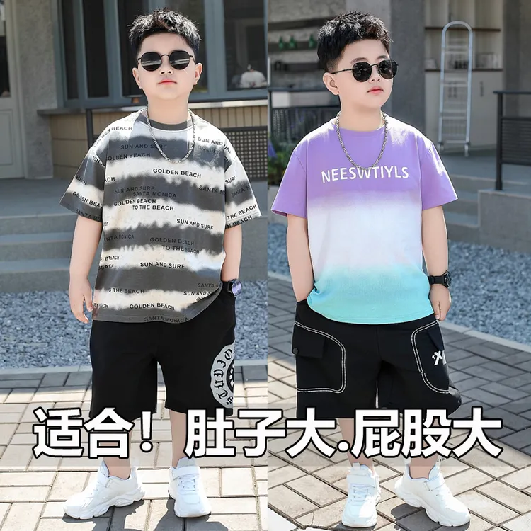 胖男童夏季的童装加肥加大中大童7-16岁洋气宽松运动薄款圆领套装