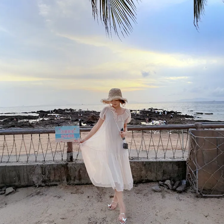夏季新款女装时尚穿搭仙气纯色温柔显瘦连衣裙气质韩版淑女轻熟风