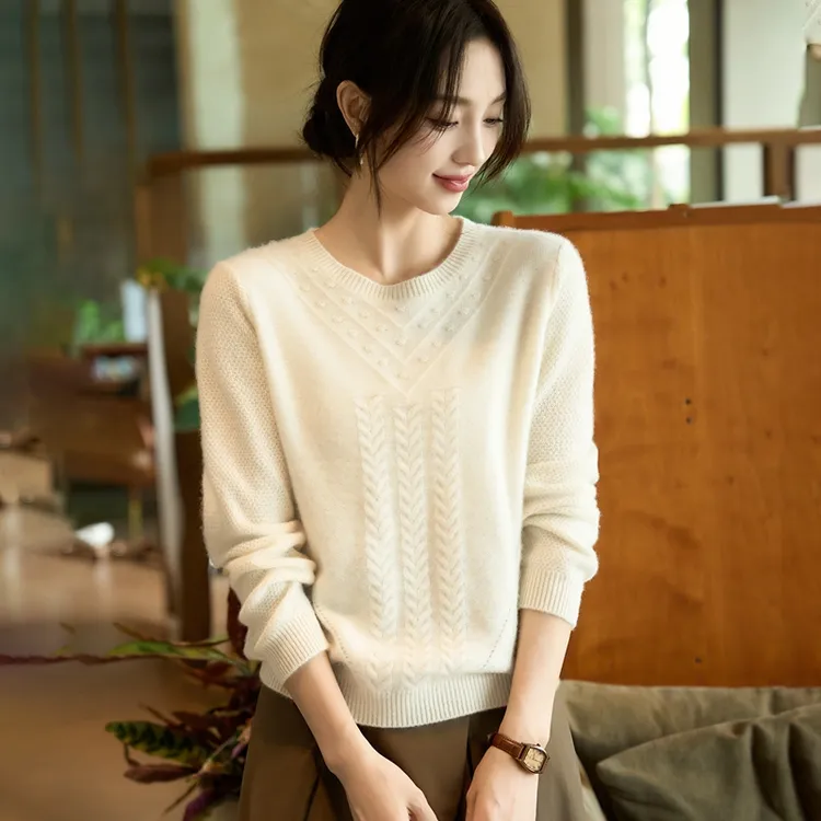 100%纯羊毛绞花简约圆领羊毛衫女士百搭时尚针织衫韩版长袖毛衣