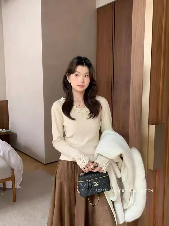 9520法式气质温柔风蕾丝花边针织衫独特漂亮小衫巨好看上衣