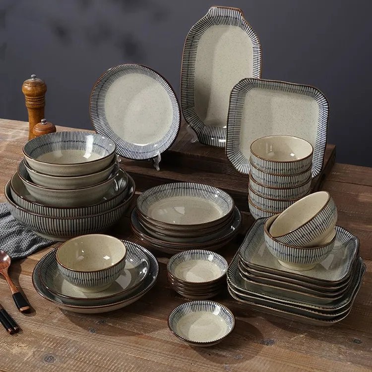 复古日式餐具套装碗碟套装乔迁新居餐具组合套装陶瓷饭碗盘碟套装