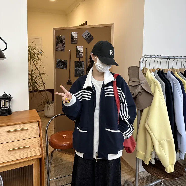 【阿毛专属】美式条纹夹克翻领宽松休闲耐磨ins秋冬撞色长袖卫衣外套