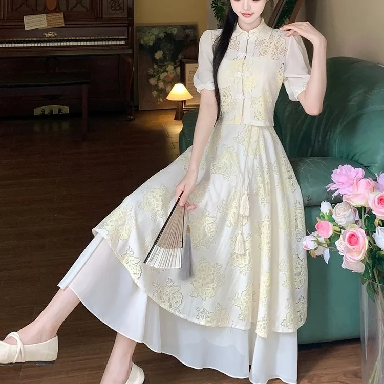 新中式中国风拼接套装连衣裙夏季新款复古旗袍短袖上衣气质两件套