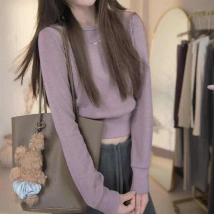 秋冬简约圆领长袖收腰T恤纯色正肩内搭上衣+绑带阔腿裤YY-80070