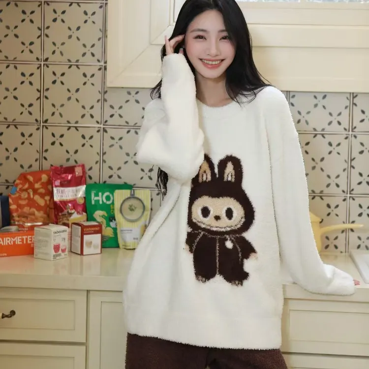 圆领半边绒睡衣女秋冬软绵绵高级感加厚保暖家居服宽松套装可外穿