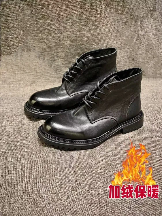 新款马皮加毛绒中帮系带马丁靴休闲真皮男鞋靴子黑色秋冬高帮时尚
