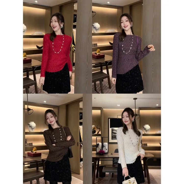 W·HAHA【万花镜】细闪流苏褶皱套头百搭上衣10918