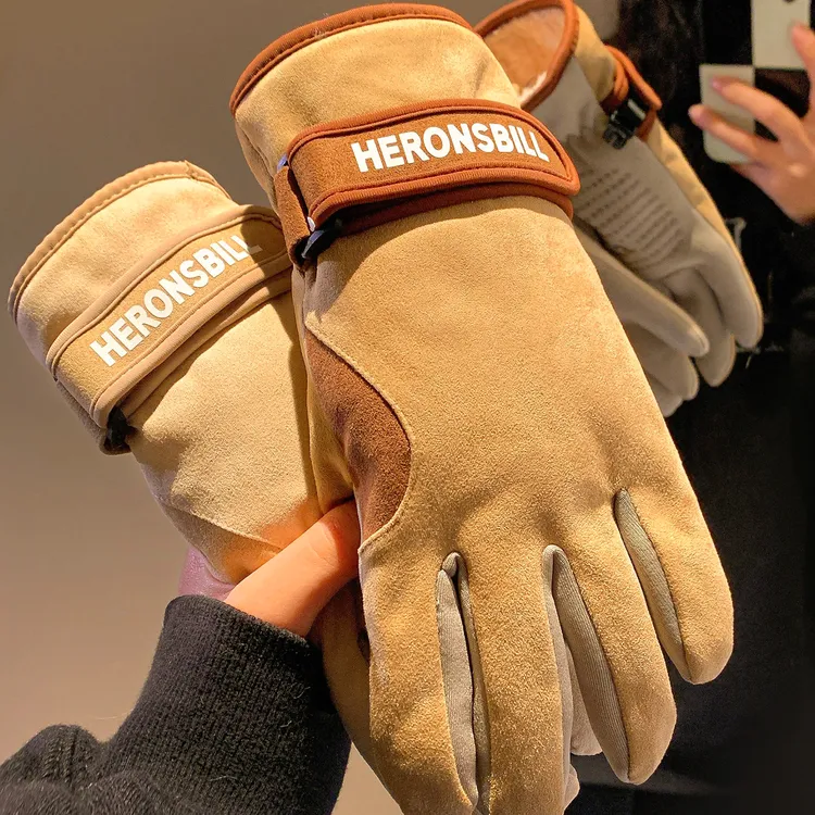 骑行手套女士冬季2025新款百搭加绒加厚保暖麂皮绒棉手套防冻御寒