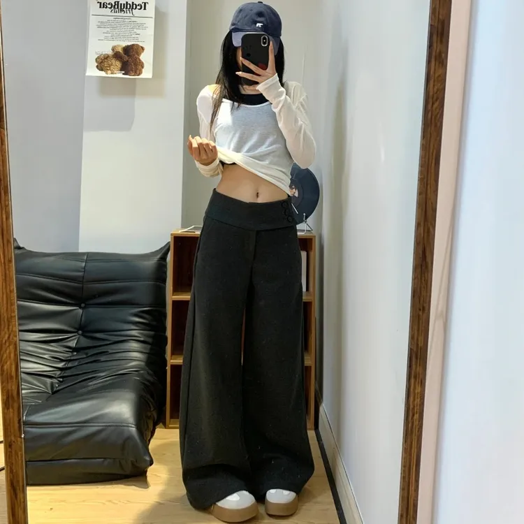 175高个子加长西装裤女秋冬高腰垂感加厚灰色毛呢直筒阔腿糯米裤