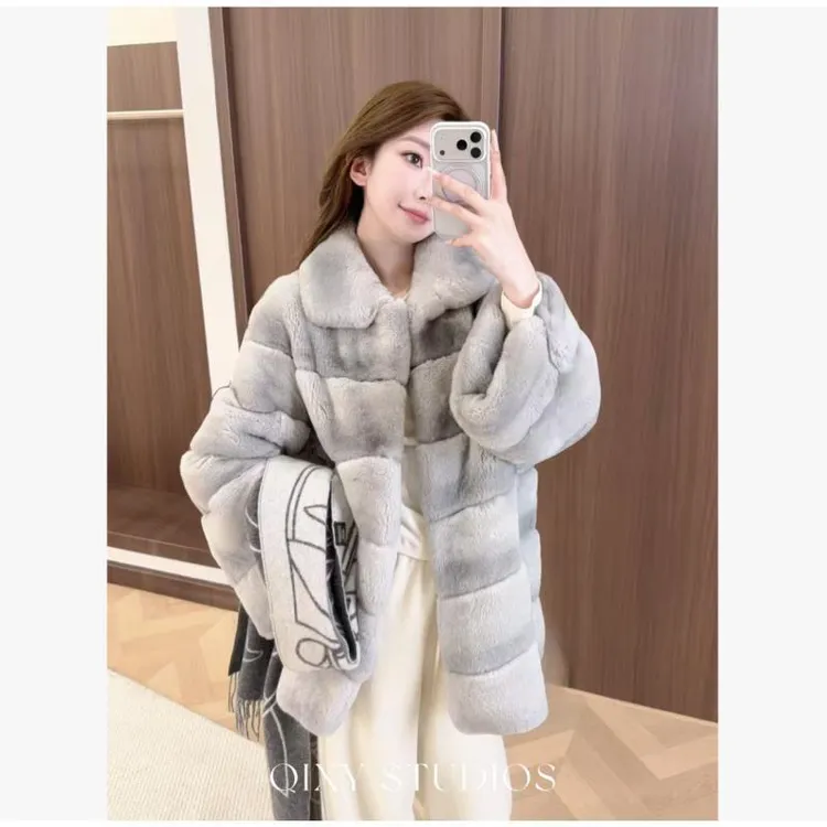 QIXIAOYAO.皮草丝绒青紫蓝兔皮毛一体皮草外套冬季新#YTSDKQ25T16