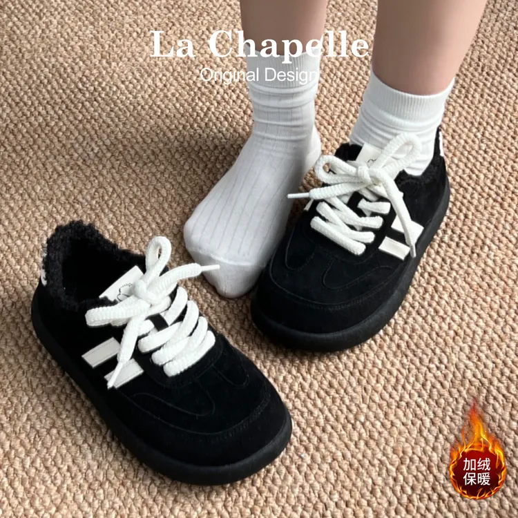拉夏贝尔鞋子2025新款冬季加绒德训鞋百搭厚底板鞋时尚休闲勃肯鞋