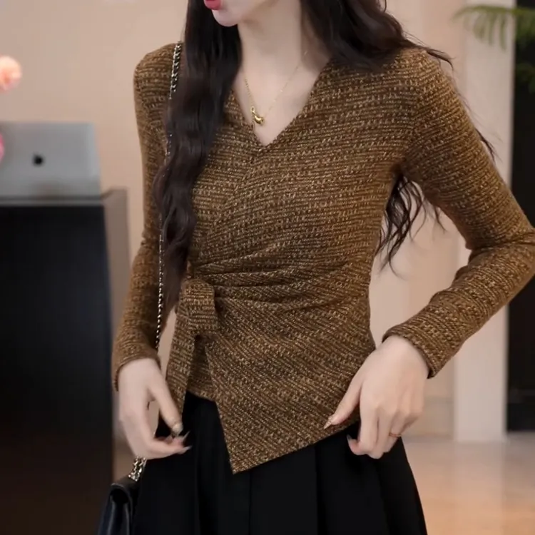 【长风和煦】千金风蝴蝶结绑带交叉V领T恤女秋季LK2507530