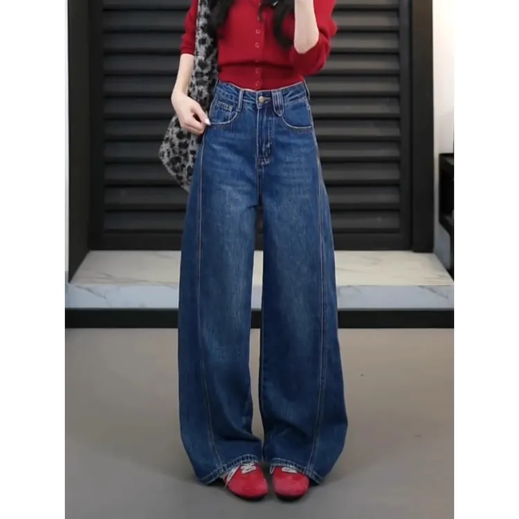 牛仔裤女2025新款加绒裤子梨型身材粗腿宽胯长裤秋冬季宽松阔腿裤