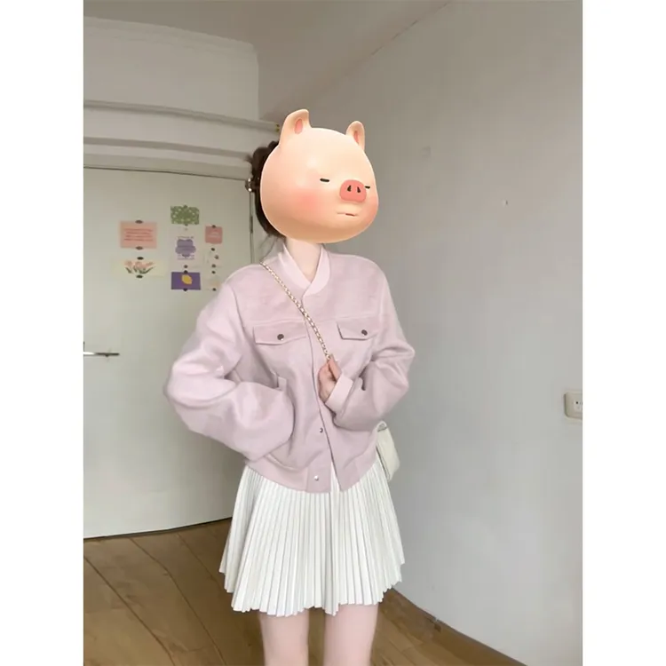 高级感甜美粉色棒球服女春秋新款韩系通勤宽松百搭款短款外套潮