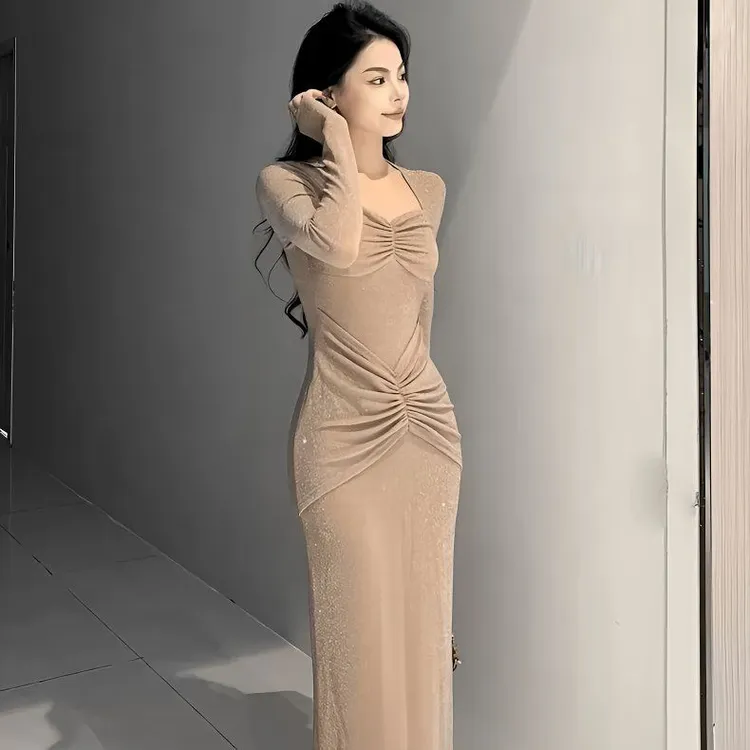 时尚气质连衣裙压褶设计遮肉修身直筒裙优雅后开叉长裙子