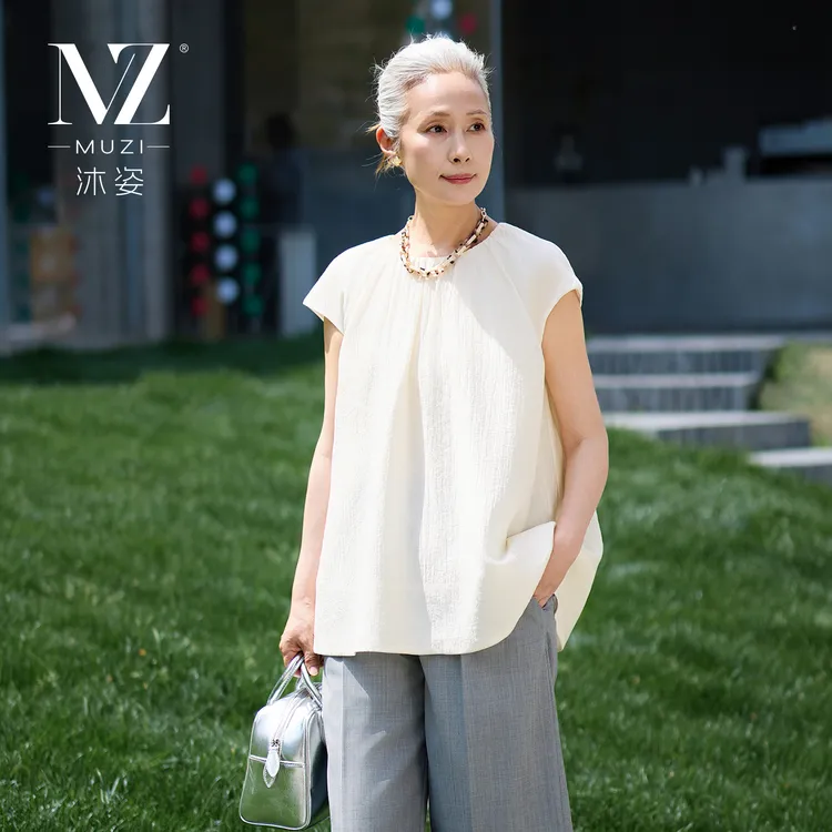 沐姿中年女装夏装短袖T恤衫五十多岁中老年妈妈桑蚕丝上衣