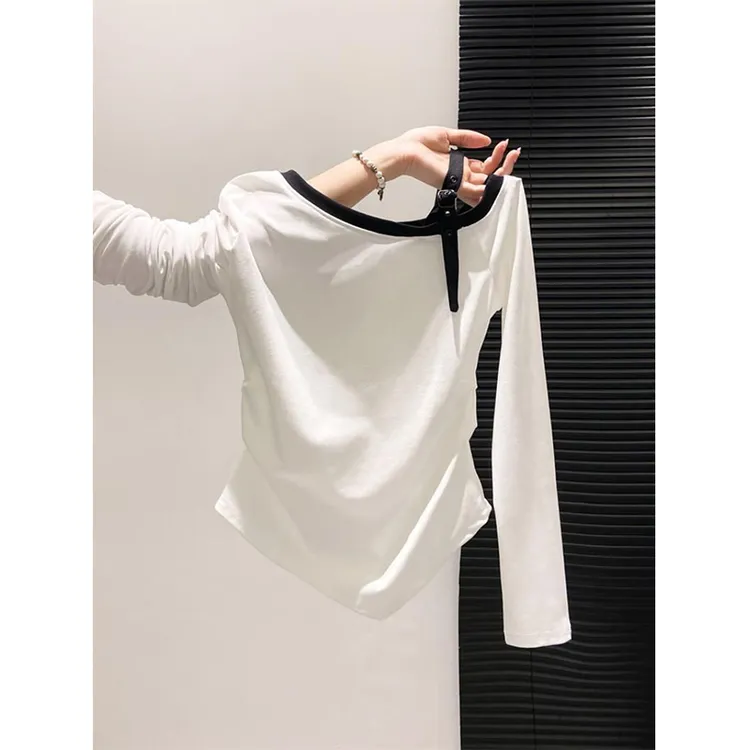 韩系休闲圆领斜肩露肩长袖T恤女秋季新款设计感拼接撞色肩带上衣