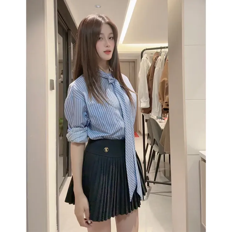 法式优雅系带设计条纹衬衫女秋季新款高级感经典立领内搭长袖衬衣