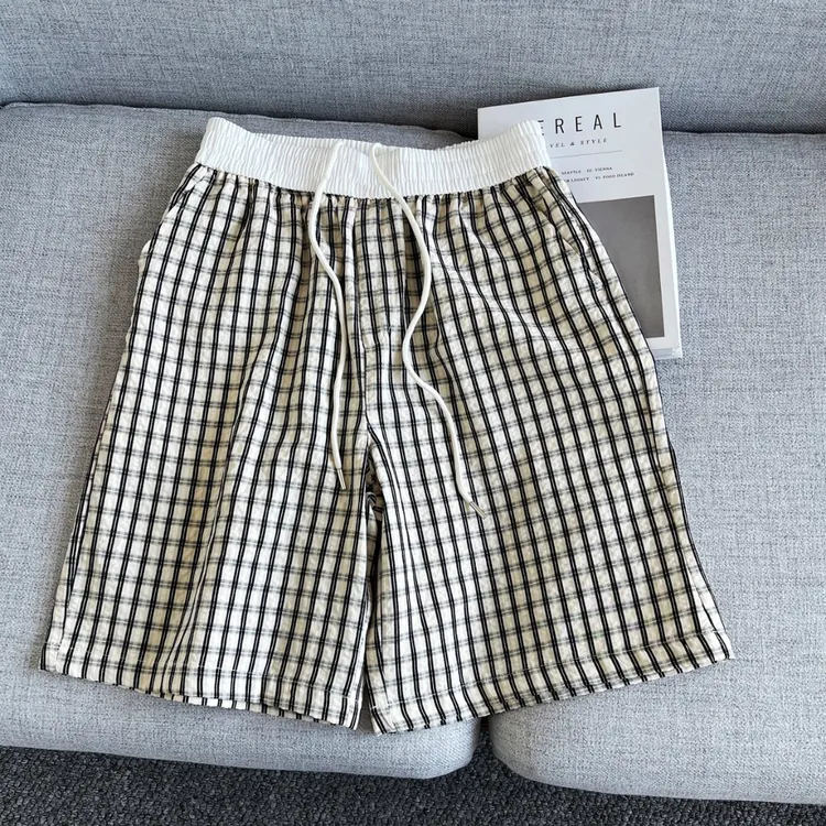 美式舒适百搭宽松夏季时尚简约格子泡泡纱休闲外穿直筒五分短裤