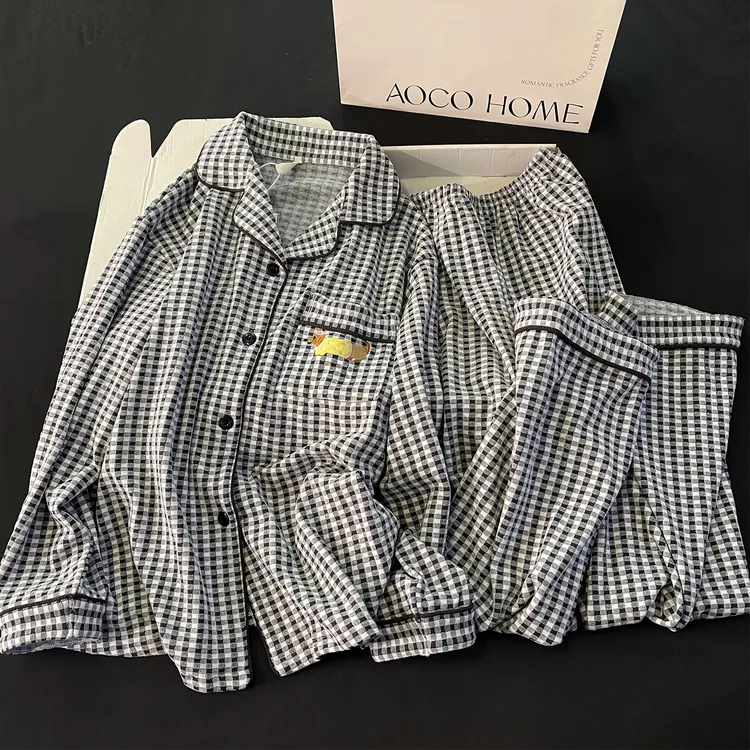 黑白格子睡衣女款秋冬季简约德绒保暖开衫韩系ins休闲家居服套装