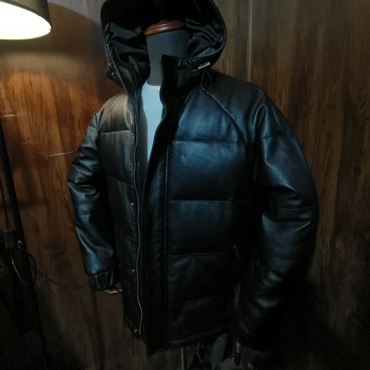 休闲下摆连帽修身型皮衣保暖黑色长款秋冬百搭防风