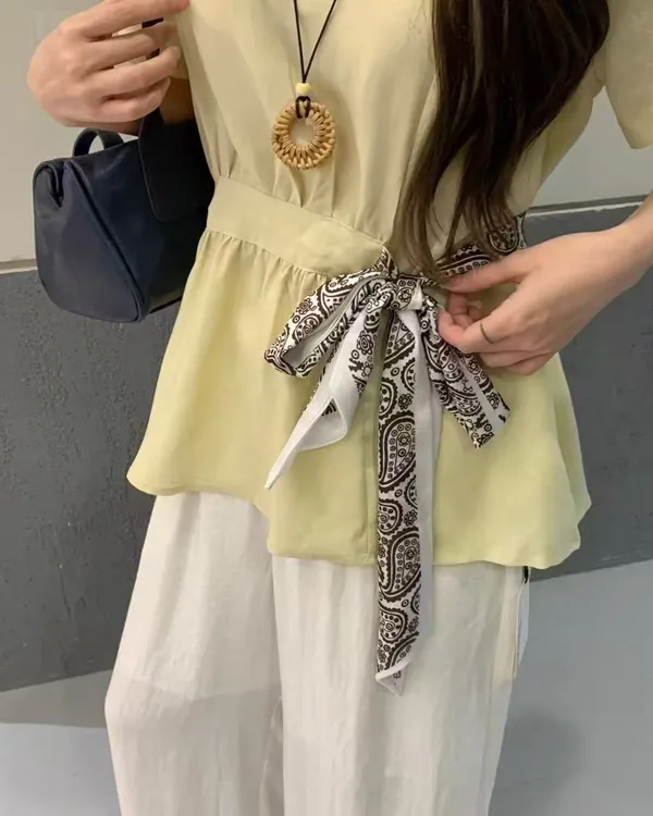 丝巾绑带V领衬衫女款甜美收腰显瘦设计感上衣和慵懒风阔腿裤套装