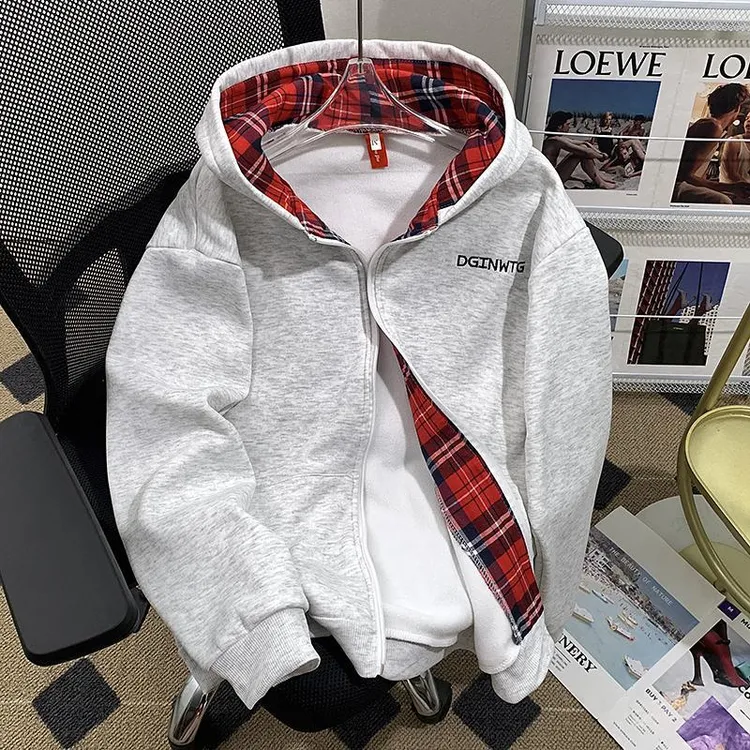 【TQUX港奢男装】美式开 衫灰色厚棉T男潮牌格子拼接连帽衫情侣上