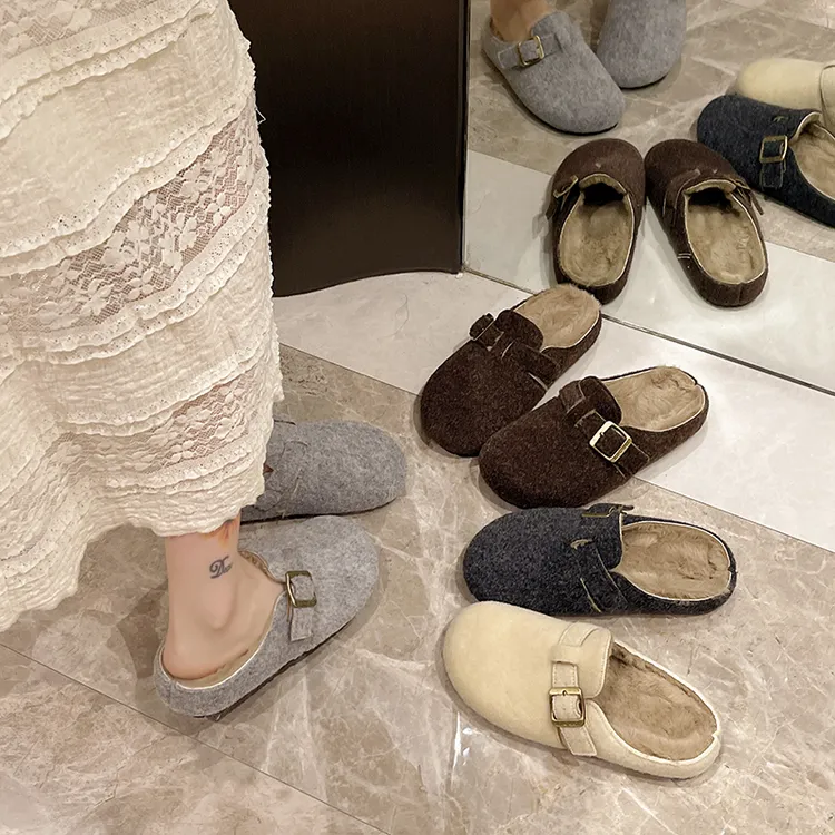 【厂家直销】踩屎感秋冬女款勃肯鞋尼料毛毛拖鞋咖色包头半拖女鞋