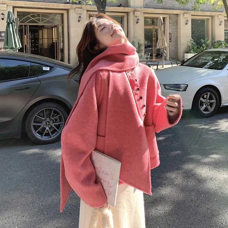 粉色超好看短款双面羊毛呢子大衣女秋冬2025年新款小个子毛呢外套