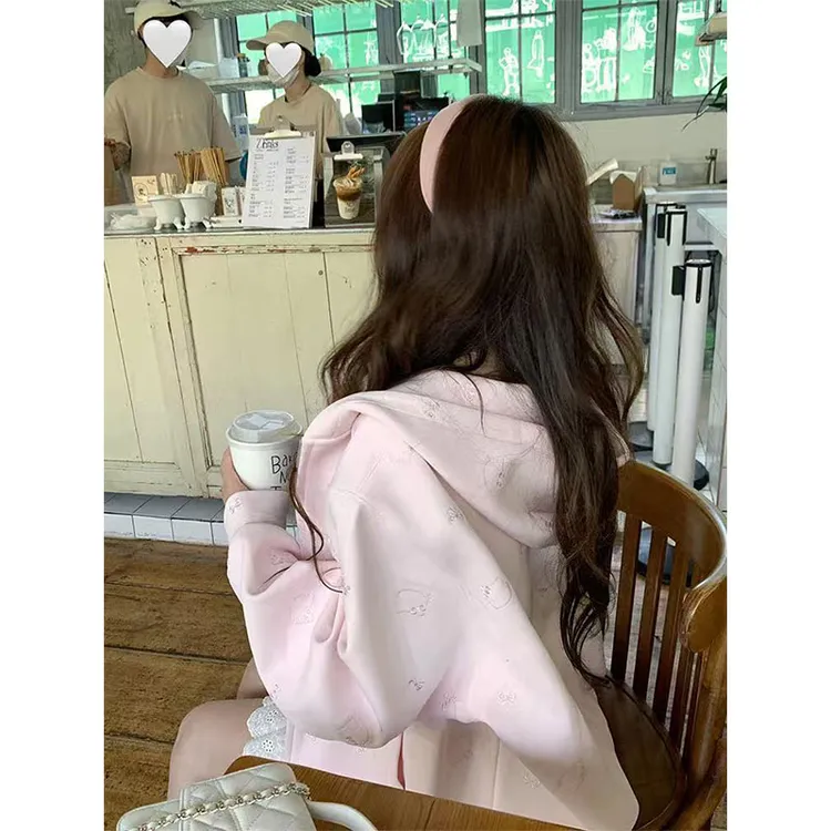 高级感粉色连帽卫衣女秋冬可爱猫咪满绣加绒加厚宽松开衫拉链外套