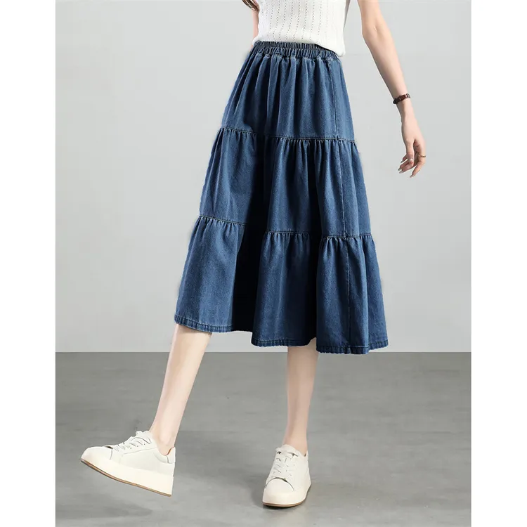 尚静文艺风拼接牛仔半身裙2025春季新款小个子时尚百搭水洗半身裙