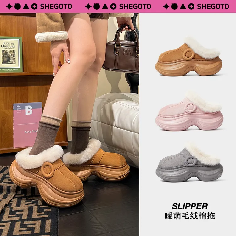 SHEGOTO冬款新款暖萌毛绒女款棉拖鞋保暖舒适乳胶厚底居家外穿ins