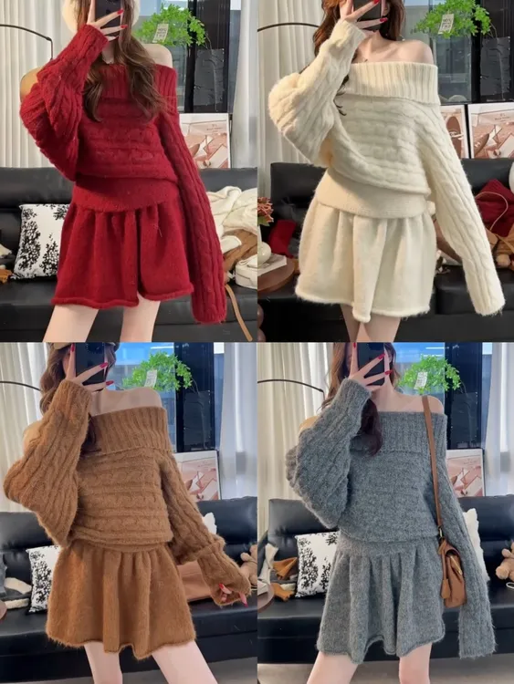 【运补】新年穿搭一整套秋冬慵懒风一字肩麻花毛衣半身裙套装9518#
