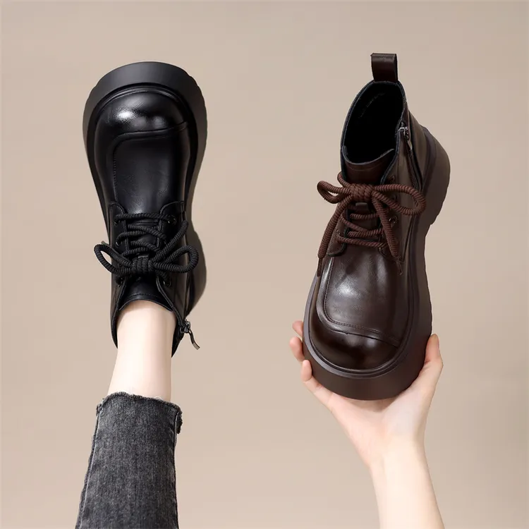 厚底复古马丁靴女2025新款冬季时尚棕色圆头单靴软底增高配裙短靴