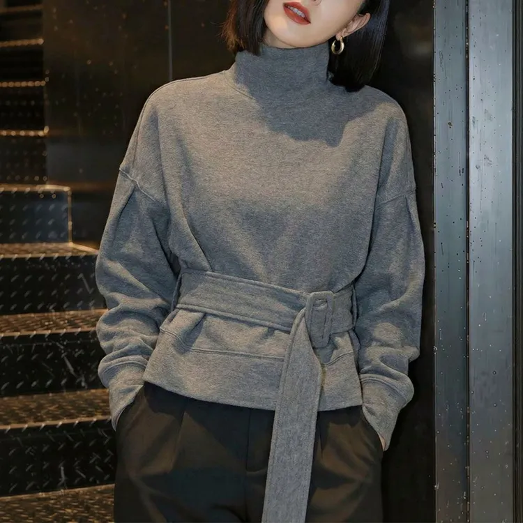 灰色高领卫衣女士秋冬新款时尚减龄宽松显瘦收腰显瘦加厚保暖上衣