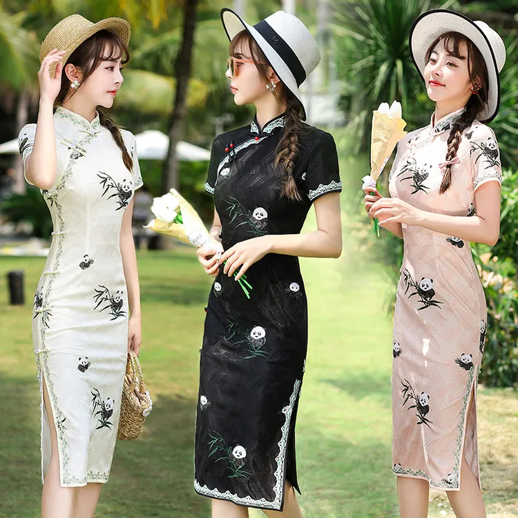 绣花蕾丝亮片中长款日常旗袍新款改良轻款复古中国风连衣裙气质夏