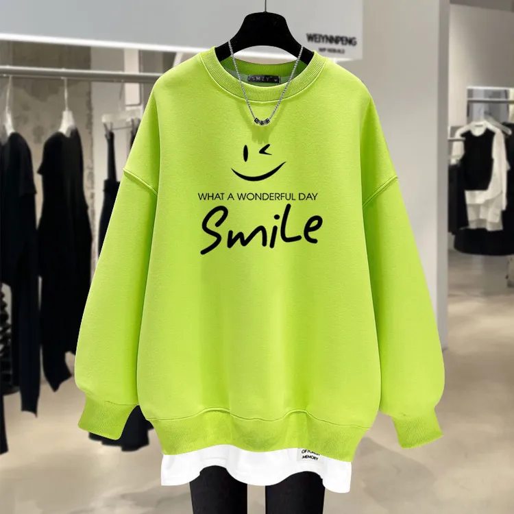 搭配芭比裤荧光绿假两件卫衣女2025新款春秋冬笑脸字母中长款上衣