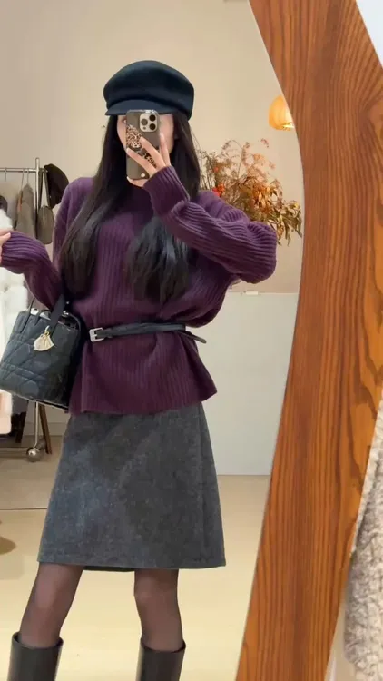 2025秋冬新款韩系松弛慵懒风紫色针织毛衣百搭半身裙气质两件套装