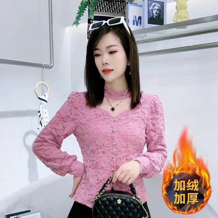 蕾丝打底长袖衫秋冬新款加厚加绒半高领时尚百搭洋气修身保暖上衣