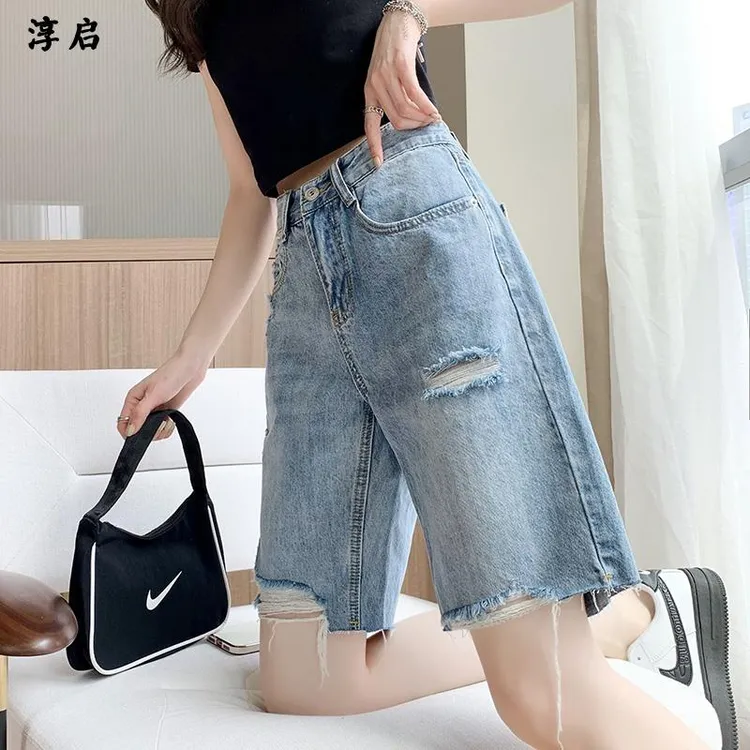 淳启高腰破洞牛仔短裤女夏薄款新款毛边设计感小个子宽松显瘦中裤