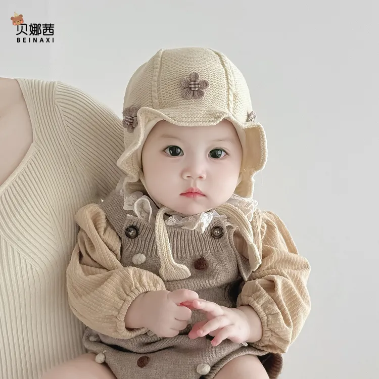 Beinaqian/贝娜茜婴儿帽子秋冬季宝宝女公主风毛线帽婴幼儿护耳帽