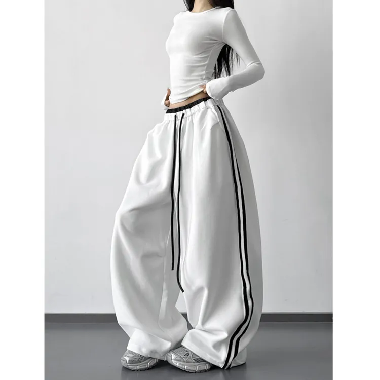 2025春秋季新款撞色两条杠运动裤子女直筒宽松休闲工装阔腿裤潮