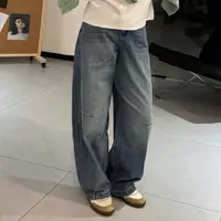 今婷秋季时尚休闲百搭复古做旧立体分割线小方标牛仔裤-M25201470