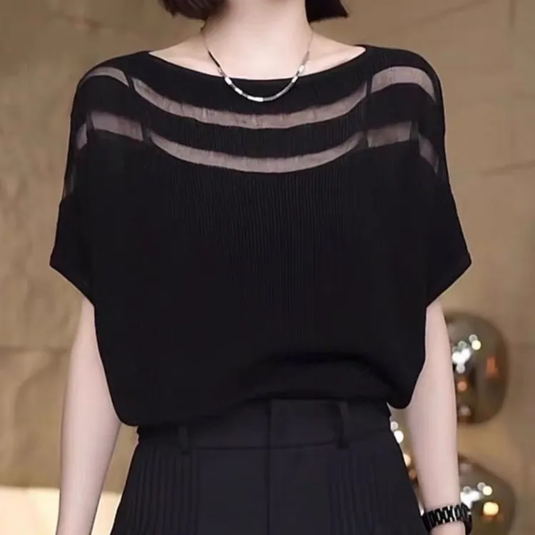 蝙蝠夏季袖冰丝针织衫领冰丝气质短袖T恤宽松洋气薄款上衣
