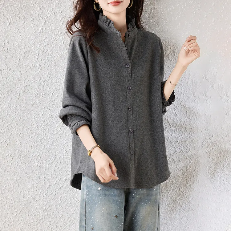 【女神新衣】衬衫女设计感木耳花边简约气质纯色衬衣长袖百搭上衣