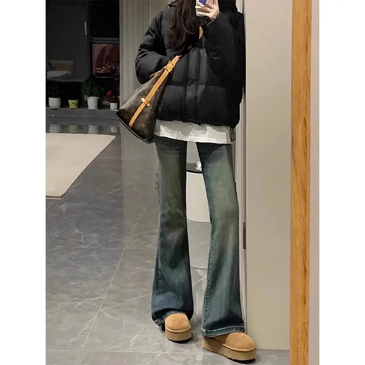 【现货+运费险】微喇弹力加绒加厚牛仔裤大码高腰遮胯马蹄裤喇叭裤