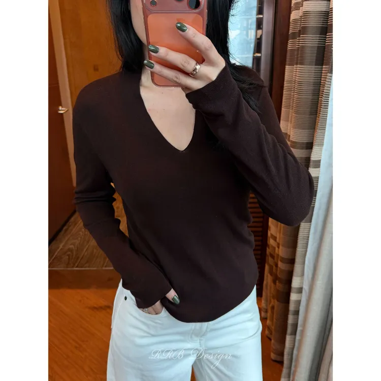 RRB Design 100%绵羊毛双面编织高弹修身V领套头长袖针织衫